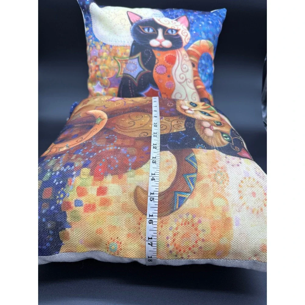 Set‎ of 2 Artistic Cat Throw Pillows Mosaic Celestial Moon Star Decorative 18x18